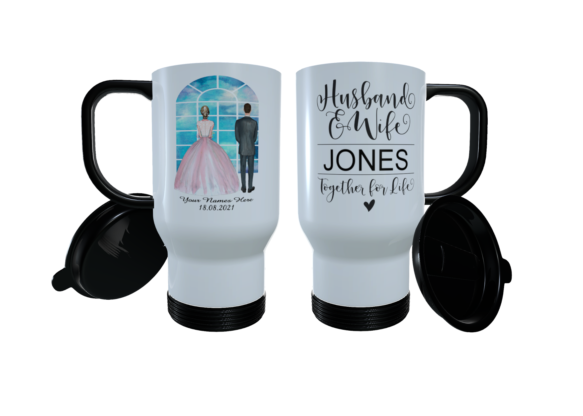 Bride & Groom Personalised Travel Mug, Custom Bride and Groom - Click Image to Close